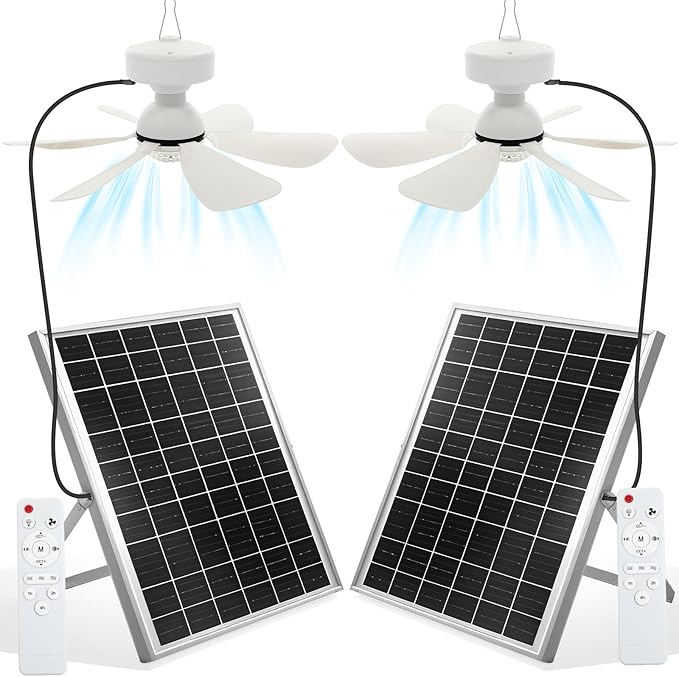 2 Set Solar Ceiling Fan Kit 25w Solar Powered Rechargeable Ceiling Fan with 3 Color Light and Remote Control, Built in 5000mah Battery, for Outdoor Chicken Coop Camping Tent