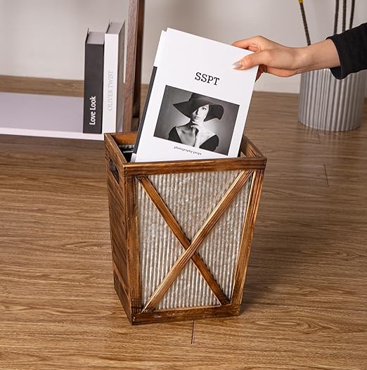 Small Wood Trash Can Wastebasket, Decorative Barn Door Garbage Can Waste Basket, Rustic Distressed Rectangular Trash Bin, Farmhouse Wooden Storage Basket Waste Paper Bin (Brown)