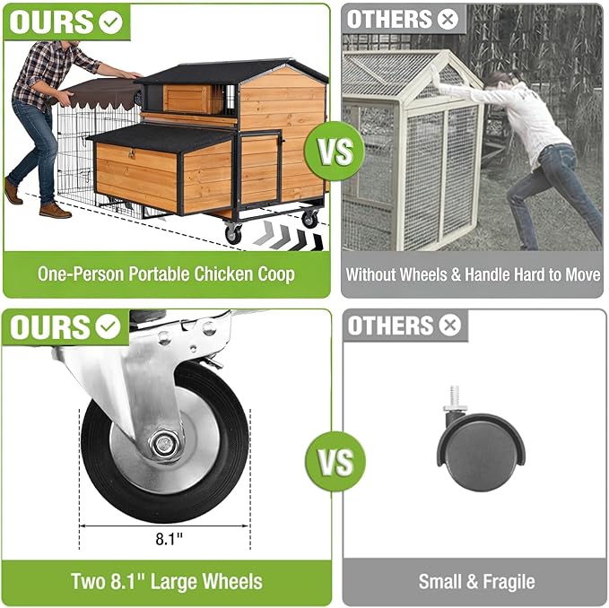 Extra Large Mobile Chicken Coop with Run, Portable Chicken Tractor with Wheels, 76.7" L Hen House Poultry Cage with All-Around Iron Frame, Metal Sliding Tray, 6 Nesting Boxes for 6-8 Chickens