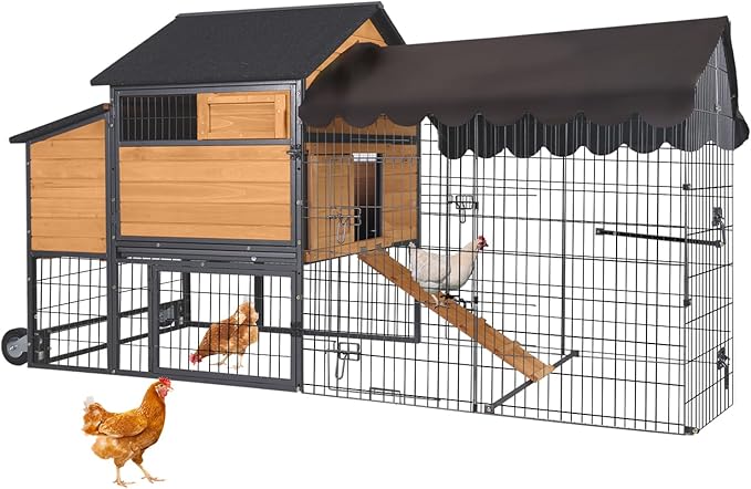 Large Chicken Coop for 4-6 Chickens, All-Steel Frame Hen House Poultry Cage with Waterproof Cover, Nesting Box & Metal Run