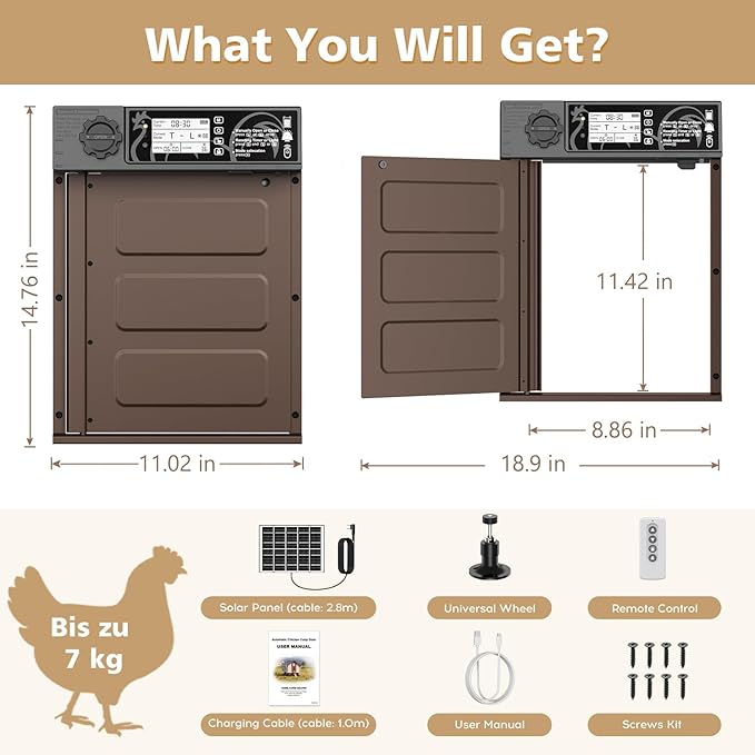 Large Size Automatic Chicken Coop Door Solar - Powered Auto Chicken Door Opener, Automatic Chicken Door with Timer/Light Sensor Modes, Intelligent Obstacle Sensors, Remote Control, 14.76"H x 11.02"L