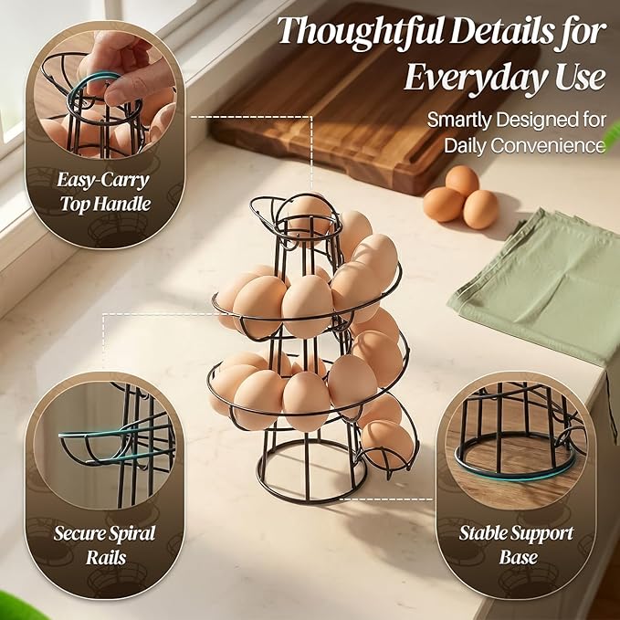 Flexzion Egg Skelter Modern Spiral Egg Holder Countertop (Medium Egg Display) - Freestanding Wired Countertop Egg Holder for Fresh Eggs, Dispenser Stand, Storage Rack for Kitchen, Black