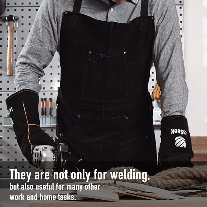 LeaSeek Leather Welding Apron,Heat & Flame-Resistant Heavy Duty Work Apron with 6 Pockets,Woodworking Shop Apron