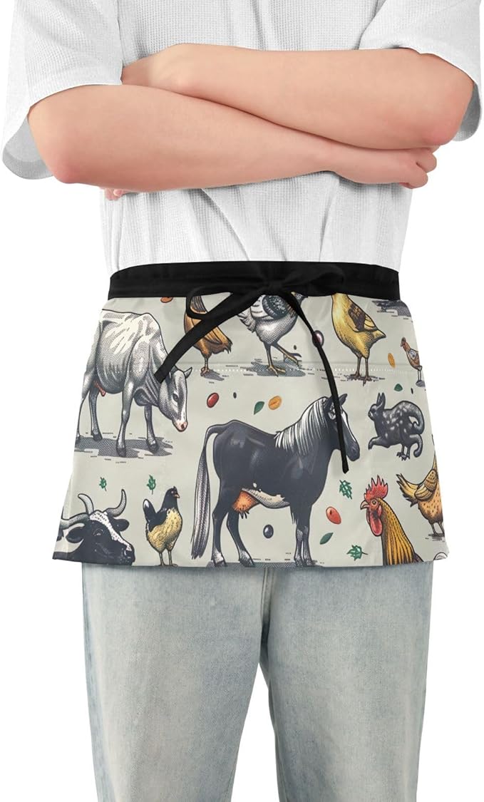 Farm Animal 3-Pocket Server Apron Professional Waist Apron for Waitress, Bartender & Restaurants, Water-Resistant Half Apron for Men Women