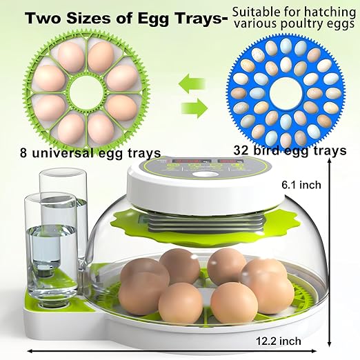 Egg Incubators for Hatching Eggs, 8/30 Chicken Egg Incubator with Automatic Egg Turning, Temperature Control & Humidity Display, Egg Candler, Home Use for Chicken, Duck, Quail - 2 Egg Trays Green