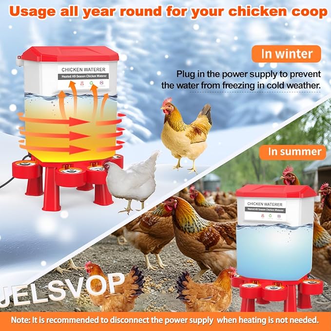 Heated Chicken Waterer, Plastic Chicken Water Heater, Anti-Freeze Heated Poultry Drinker with 4 Cups, Winter and Summer Dual-use, Poultry Water Heater for Chickens, Ducks, Geese - Dark Red, 11L