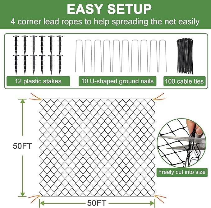 Bird Netting - 50' x 50' Garden Netting with 1' Square Mesh for Chicken, Protect Blueberries, Fruit Trees from Deer, Squirrel for Farm, Orchard
