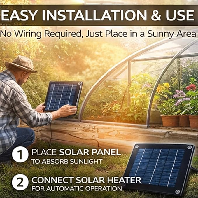 Solar Heater for Greenhouse, 2027 New Solar Heater for Chicken Heater, Smart Thermostat, Weather-Resistant, Easy Mount - Solar Powered Heater for Outdoor Use, Dog House, Shed, Pet Shelter (Black-20W)