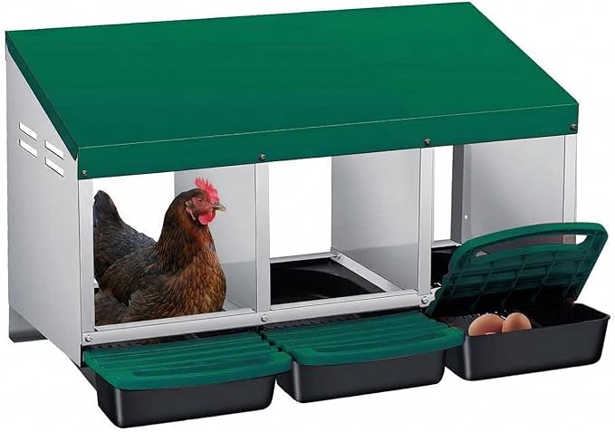 Chicken Nesting Boxes with Rollout Egg Collection – 3-Compartment Metal Hen Nest Box with Removable Trays, Slanted Roof & Ventilation, Wall Mount or Standing for Backyard Poultry Coop, Green