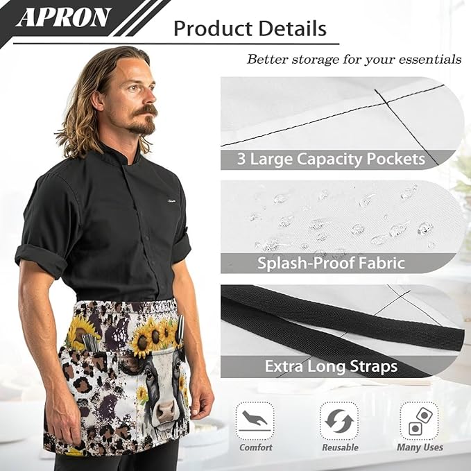 Waistress Apron with Pockets Coffee Waiter Apron Long String Chef Half Aprons for Cooking Kitchen Hairdresser