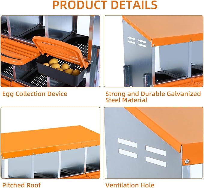 Chicken Nesting Box, 2-Tier Chicken Laying Boxes for Hens, 10 Hole Nesting Boxes for Chickens, Roll Away Nest Box for Laying Eggs, Roll Out, Easy Egg Collection (Orange, 10-Holes with Legs)