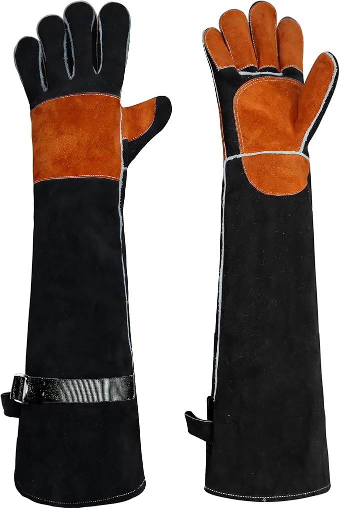 Leather Welding Sleeves,Work Gloves with Palm Reinforcements,Bite Proof for Animal Handling