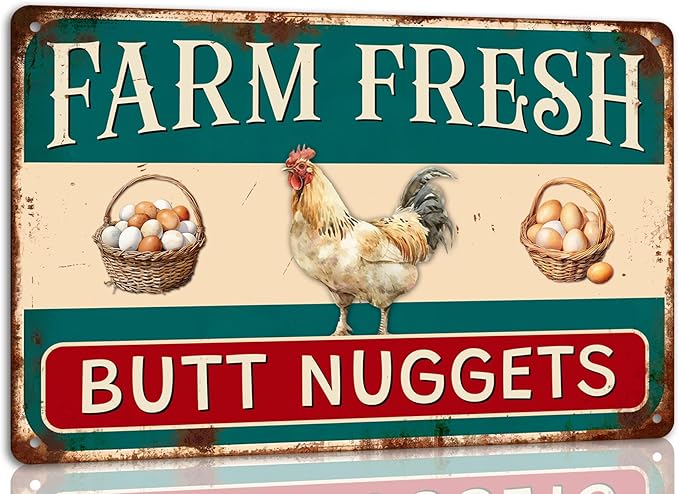 Farm Fresh Butt Nuggets Metal Tin Sign Funny Chicken Coop Sign For Farmhouse Coop Funny Outdoor Chicken Yard Wall Decor 8x12 Inch