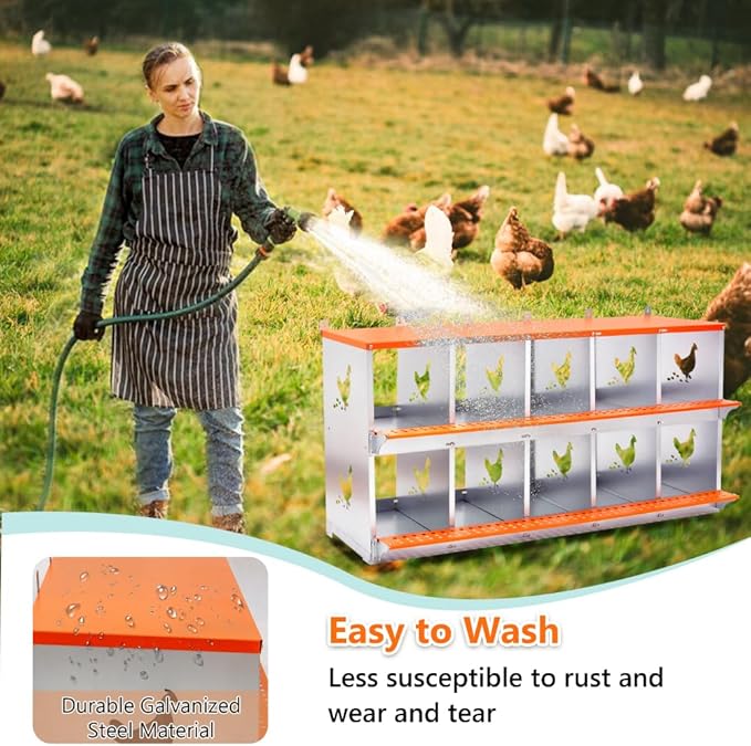 Wall-Mounted Metal Nesting Box for Chickens and Ducks – Galvanized Steel Construction with Ventilation & Easy Egg Access (10-Orange)