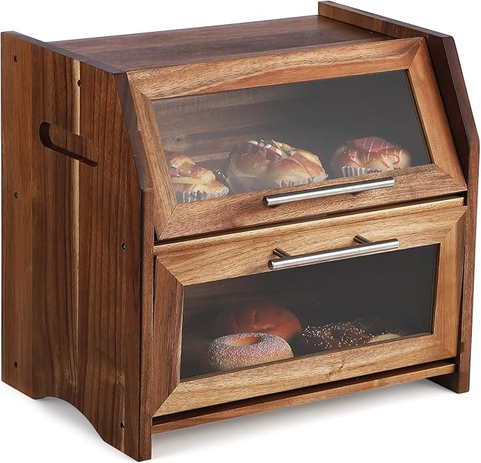 Garvee Double Layer Bread Box – Acacia Wood Bread Bin with Clear Acrylic Door & Air Vents, Rustic Countertop Bread Storage Container for Homemade Bread, Bagels, Muffins (Brown & Silver)