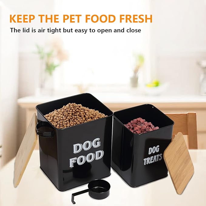 Dog Food Storage Container Farmhouse Pet Food Treats Bin with Lid and Scoop, Perfect Sturdy Canister Tins for Kitchen Countertop, Shelf, Great Gift for Pet Owners - Dog Food - Black