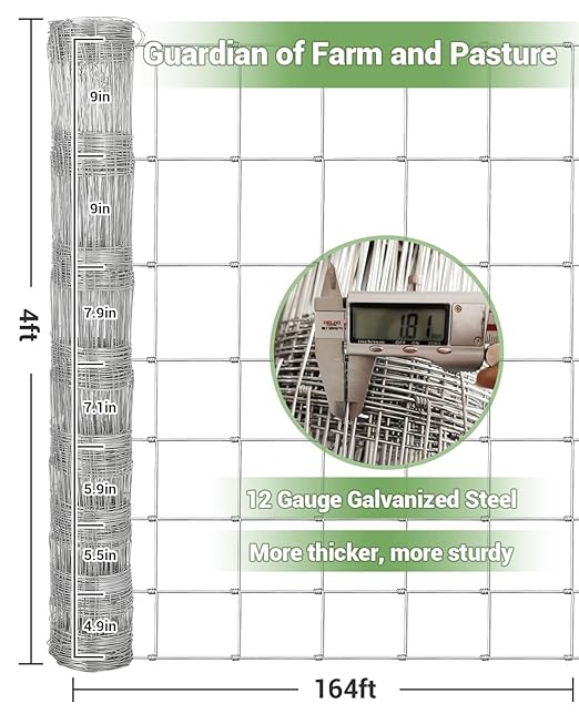 Farm Fence, 4ft x 164ft Heavy Duty Galvanized Cattle Fence, Heavy Zinc Coating Welded Wire Fence, Deer Fence, Hog Wire Fencing for Yard Livestock Animals Protection