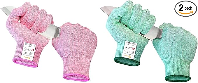 Evridwear Cut Resistant Gloves Food Grade Level 5 Kitchen Safety Protection (Medium, Pink+Green)