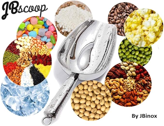 JBscoop Stainless Steel Scoop for ice, 9.6 Inch Metal Food Scoop Kitchen Bar Party Wedding Heavy Duty Dishwasher Safe - 8 Oz