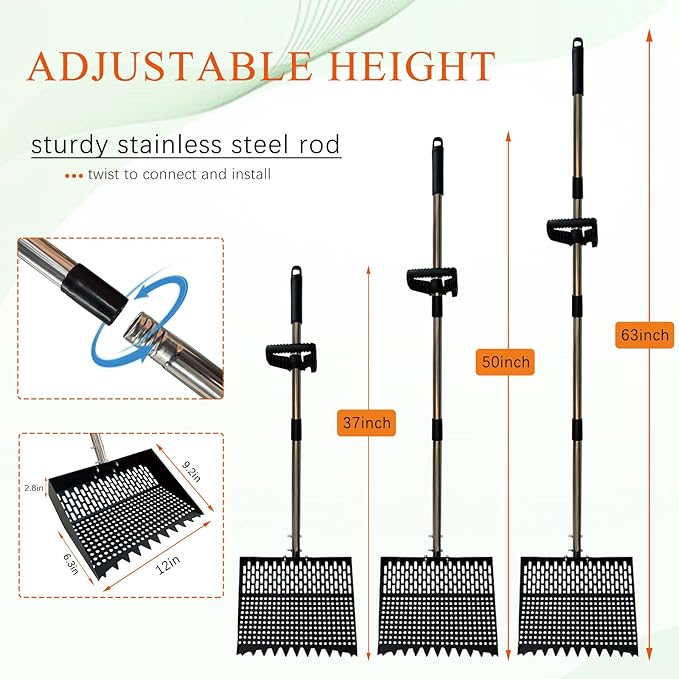 12Inch Chicken Poop Scooper 2-in-1 Coop Scoop with Adjustable Stainless Steel Handle (24-64'') Chicken Coop Rake Sand Sifting Chicken Coop Shovel for Farm Livestock Cleaning Tool