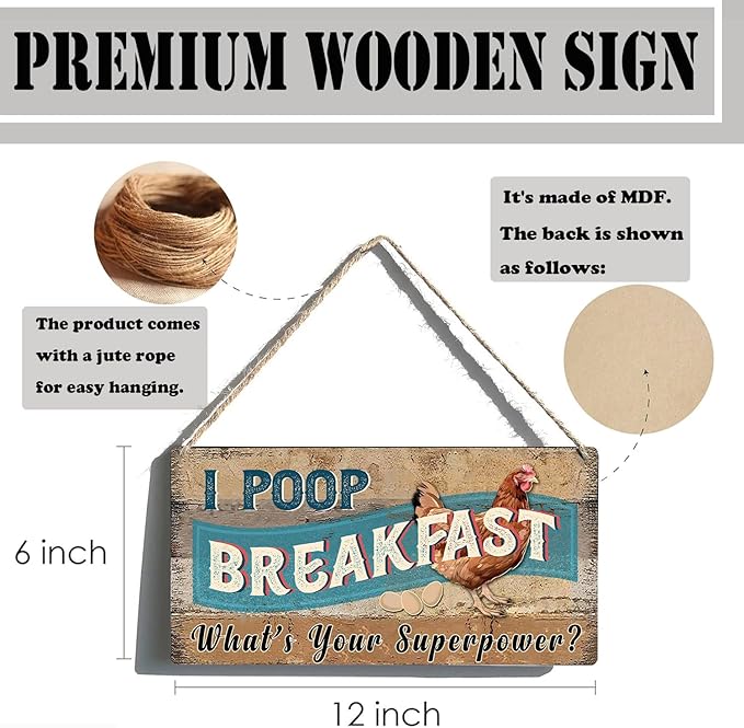 Funny Chicken Coop Signs Decor - I Poop Breakfast What's Your Superpower Sign - Outdoor Chicken Coop Decorations, Gifts for Women - Wooden Wall Art (6x12 Inch Rustic Farmhouse Kitchen Decor)