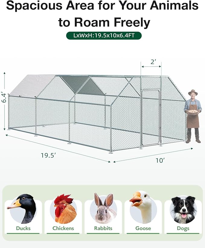 Esright Extra Large Metal Chicken Coop Run for Yard with Cover, 19.5x10x6.4 FT Walk-in Chicken Pen for Outdoor, Backyard, and Farm, Hen Cage House Suitable for 15-20 Chickens and Other Poultry