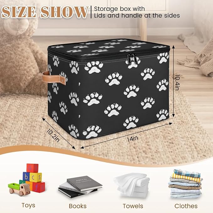 Storage Cubes with Lid Fabric Storage Bins Boxes PU Leather Handles, Paw Print Closet Organizer Container Foldable Washable Shelf Cloth Basket, Cute Dog Cat Paw