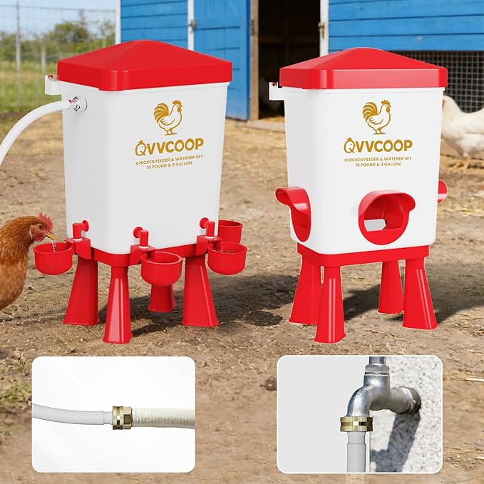 Chicken Feeder, Chicken Waterer with Float Valve, Automatic Poultry Feeder and Waterer Set for Duck Turkey, Chicken Coop Accessories, 3 Gallon Set(Upgraded), Red
