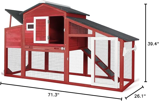 PetsCosset Chicken Coop Wooden Backyard Hen House - Indoor Outdoor for 2-3 Chickens, 2 Story Poultry Cage with Run, Chicken Nesting Box, Pull Out Trays and Anti-Slip Asphalt Ramp