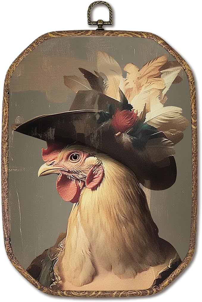 Hxlac Whimsical Chicken Rectangular Wall Art Framed, Dark Moody Rooster Rectangular Wall Decor, Rustic Farm Animal Chicken Hanging Canvas Prints Wall Sculptures for Kitchen Bedroom Living Room Decor, 7.1x10.2 Inch