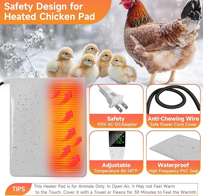 Chicken Heating Pad with Adjustable Digital Thermostat, Electric Chicken Heated Mat with Chew Resistant Cord, Waterproof Outdoor Chicken Coop Heater for Baby Chicks, Brooder Heater Warming Pad, White