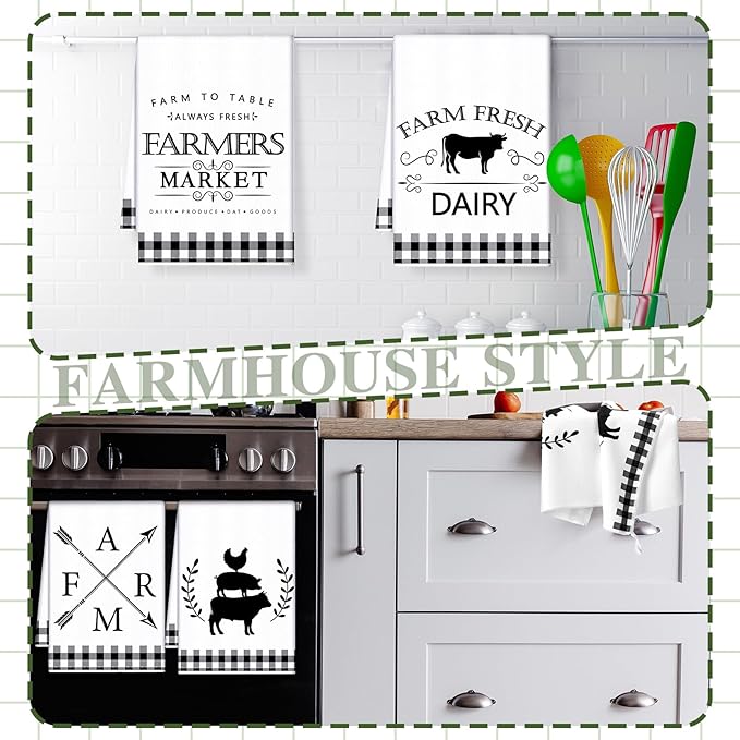 Geyoga 4 Pcs Chicken Kitchen Towels Rooster Dish Hand Towels Farm Animal Cow Vintage Rustic Tea Cloth for Spring Easter Bathroom Farmhouse Decor Gifts, 16 x 24 Inch(White, Black,Farm)