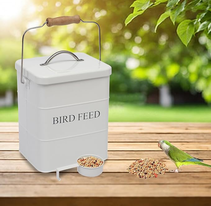 Bird Seed Storage Container Airtight,5~6LB Metal Bird Food Container with Scoop,Wild Birds Feed Tin for Storing Sunflower Seed-Ideal for Outdoor or Indoor-Squirrel proof -White