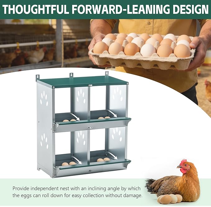 3/4 Compartment Chicken Nesting Boxes, Metal Wall Mount Chicken Egg Laying Box with Roll Out Egg Collection, Galvanized Steel Chicken Nesting Box for Laying Hens, Easy to Clean & Assemble (4-Hole)