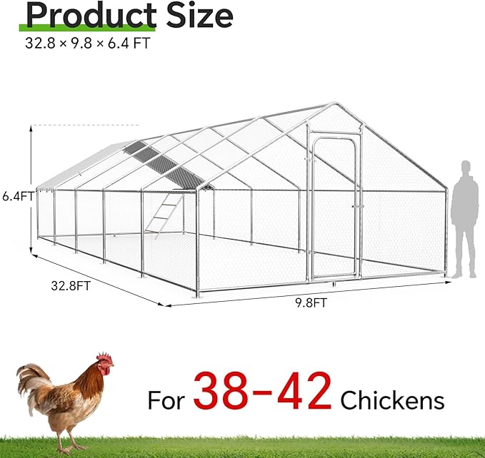 Large Metal Chicken Coop with Roosting Perch, Waterproof and UV Protection Cover, Chicken Run Outdoor Walk-in Cage Chicken Rabbit Duck Hen House, Spire Roof (10'W x 32.8'L x 6.4'H)