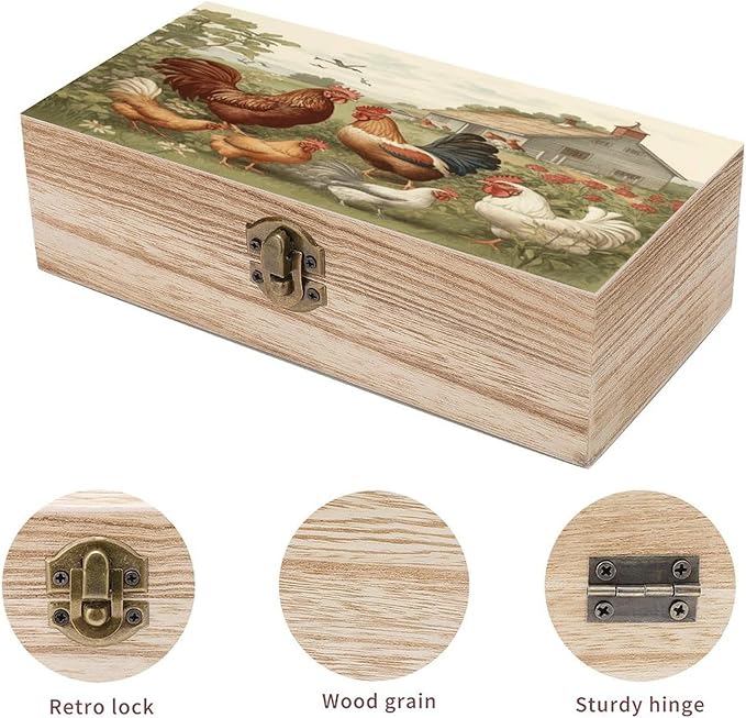 Chickens And Farm Wooden Storage Boxes with Hinged Lid Beautifully Keepsake Boxes Wood Jewelry Box Jewellery Organiser & Trinket Holder Gift for Men & Women 7.9" X 3.9" X 2.3"