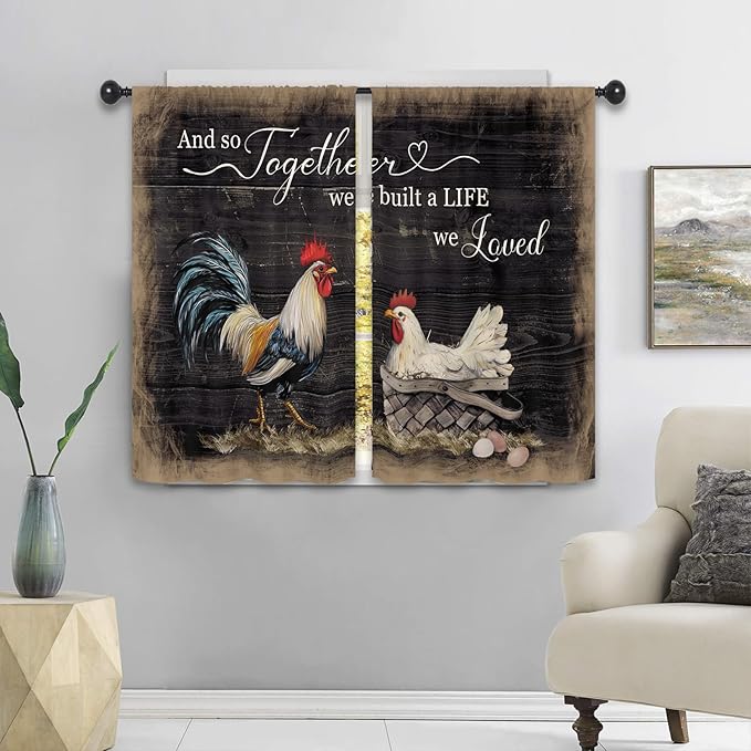 Rooster Chicken Kitchen Curtains 27.5W x 39L Inch Rustic Farmhouse Coutry Rural Quotes Rod Pocket Short Small Window Treatment Drapes Decor 2 Panels
