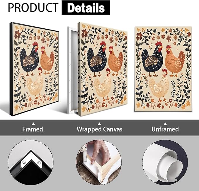 Nursery Animal Canvas Wall Art, Farmhouse Chickens Poster, Rustic Botanical Floral Painting, Cozy Folk Art Print, Countryside Animal and Flowers Painting for Kids Room 24x36in Wrapped Canvas