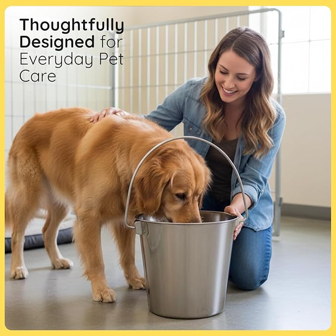 16 quart Heavy Duty Stainless Steel Round Bucket with Handle | 4 gal Sturdy Food & Water Bowl for XL Dog Goat sheep Horse & Livestock | Fits kennel Crate Cages Farm | Hanging Utility Pail