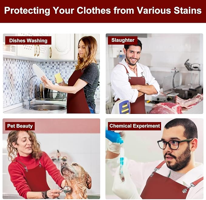 2 Pack Heavy Duty Vinyl Dishwasher Apron Adjustable Cross Back Strap for Dishwasher, Butcher, Dog Grooming, Chemical Resistant, 43" Long Thicker Apron Red