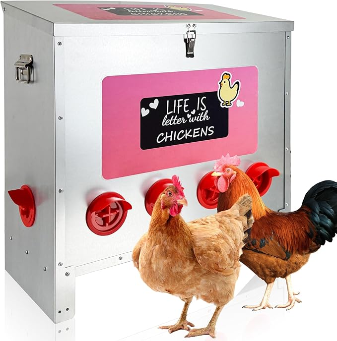 85-120LB Large Automatic Chicken Feeder Galvanized Metal Chicken Feeders with 10 Feeding Ports No Waste Outdoor Poultry Feeder with Handle and Locking Lid for Chickens and Ducks