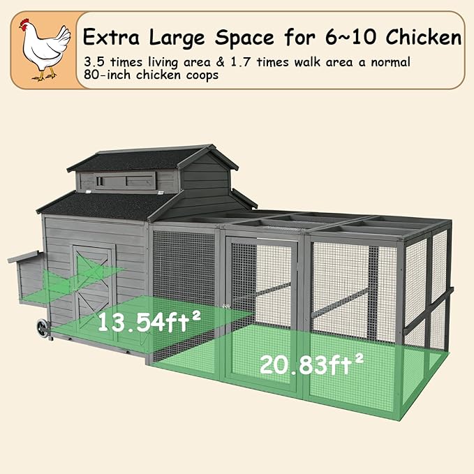 Chicken Coop for 6-10 Chickens, 112" Extal Large Chicken Coops, with Chicken Run & Nesting Box & Secure Enclosure, Outdoor Wooden Hen House Hutch for Rabbit, Poultry Pet, Duck -Grey