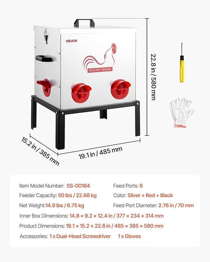 VEVOR Automatic Chicken Feeder, 50 lbs Capacity, 6 Feeding Ports No-Waste Poultry Feeder with Built-in Divider, with Latch & Handle, Metal Construction, for Chickens Bantams Pheasants Poultry Coop