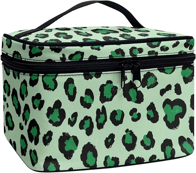 Travel Makeup Bags for Women Portable Tote Cosmetic Case with Carry Handle Toiletry Accessories Storage Organizer Bags, Leopard Green