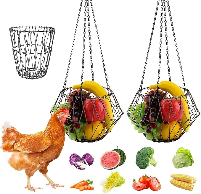 Hanging Chicken Feeder, 9.2 inches Large Poultry Vegetable Fruits Feeder Basket with 4Pcs Hanging Stainless Chain, Veggie Treat Ball for Chicken,Hens,Duck,Rabbit Coop(Size:2pcs)