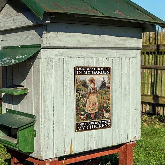Vintage Girl Chicken Metal Tin Sign Farm Chicken Sign Poster Wall Decor-Retro Chicken Accessories Coop Signs Chicken Signs 8 x 12 inches