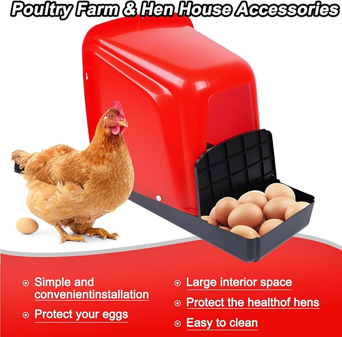 Chicken Nesting Boxes 10 Pack with Egg Roll Out, Plastic Chicken Laying Boxes for Chicken Coop, Wall Mounted Hen Nesting Box for Chickens & Poultry, Durable, Easy to Install & Clean, Red