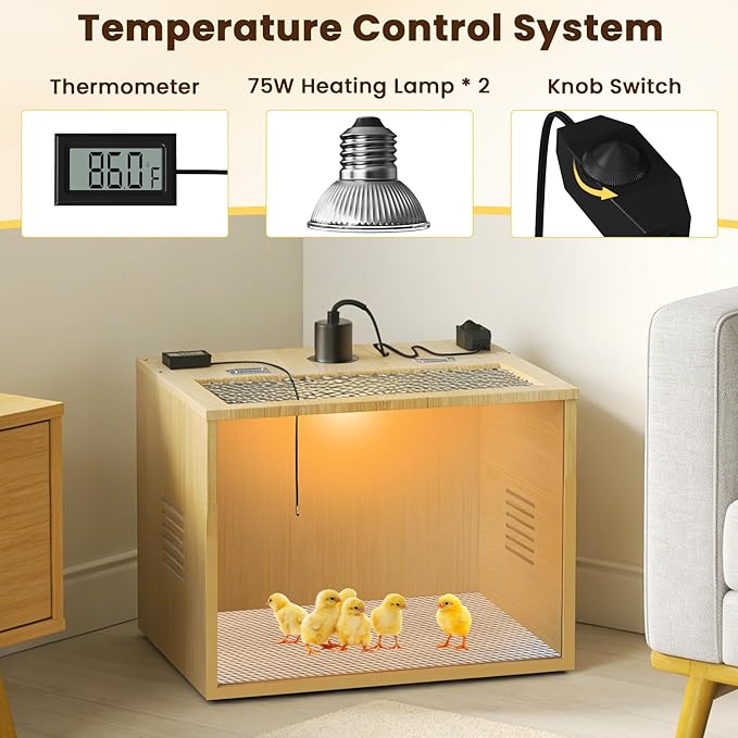Chicken Brooder Box for Chicks Starter Kit, 16 Inch Wooden Chicken Brooder Box with 75W Heating Lamps, Thermometer and Tin Foil, Poultry Breeding Kit, for 5-7 Chicks Ducks Quail Hamsters