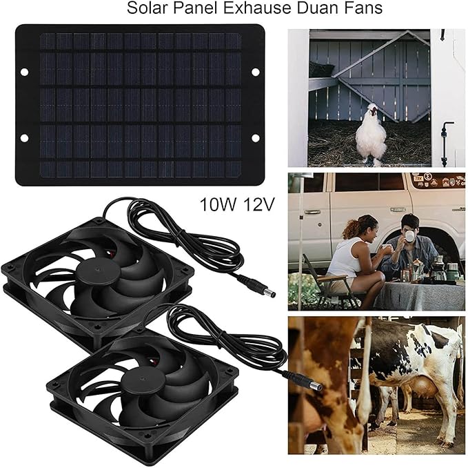 Solar Powered Fan, Solar Panel Fan Kit with 2 Fans, Solar Panel and Cable, Solar Powered Exhaust Ventilation Fan for Chicken Coop, Greenhouse, Shed, Pet House