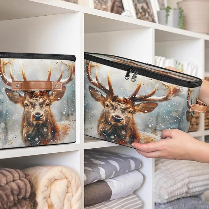 Storage Cubes with Lid Fabric Storage Bins Boxes PU Leather Handles, Elk Moose Wild Animals Closet Organizer Container Foldable Washable Shelf Cloth Basket, Christmas Day